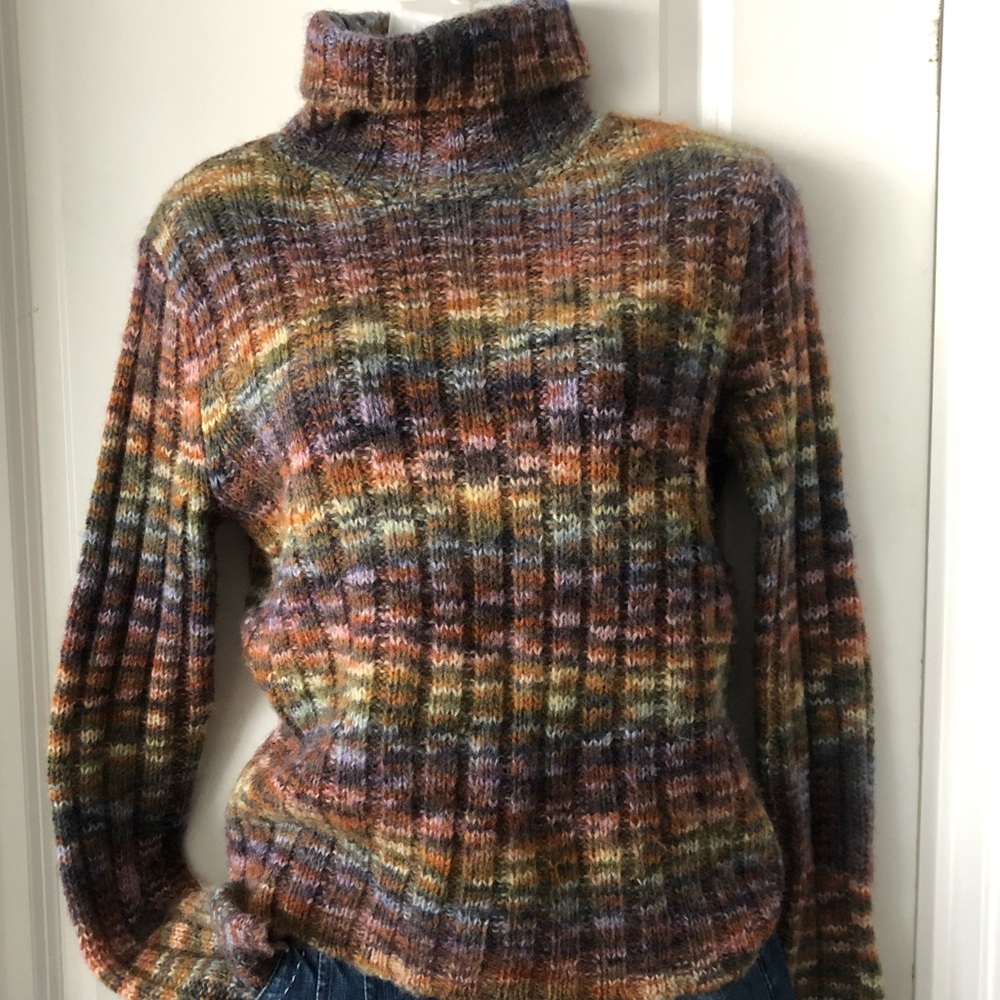 earth tones chunky Hand-knit multi-coloured turtleneck sweater size Small